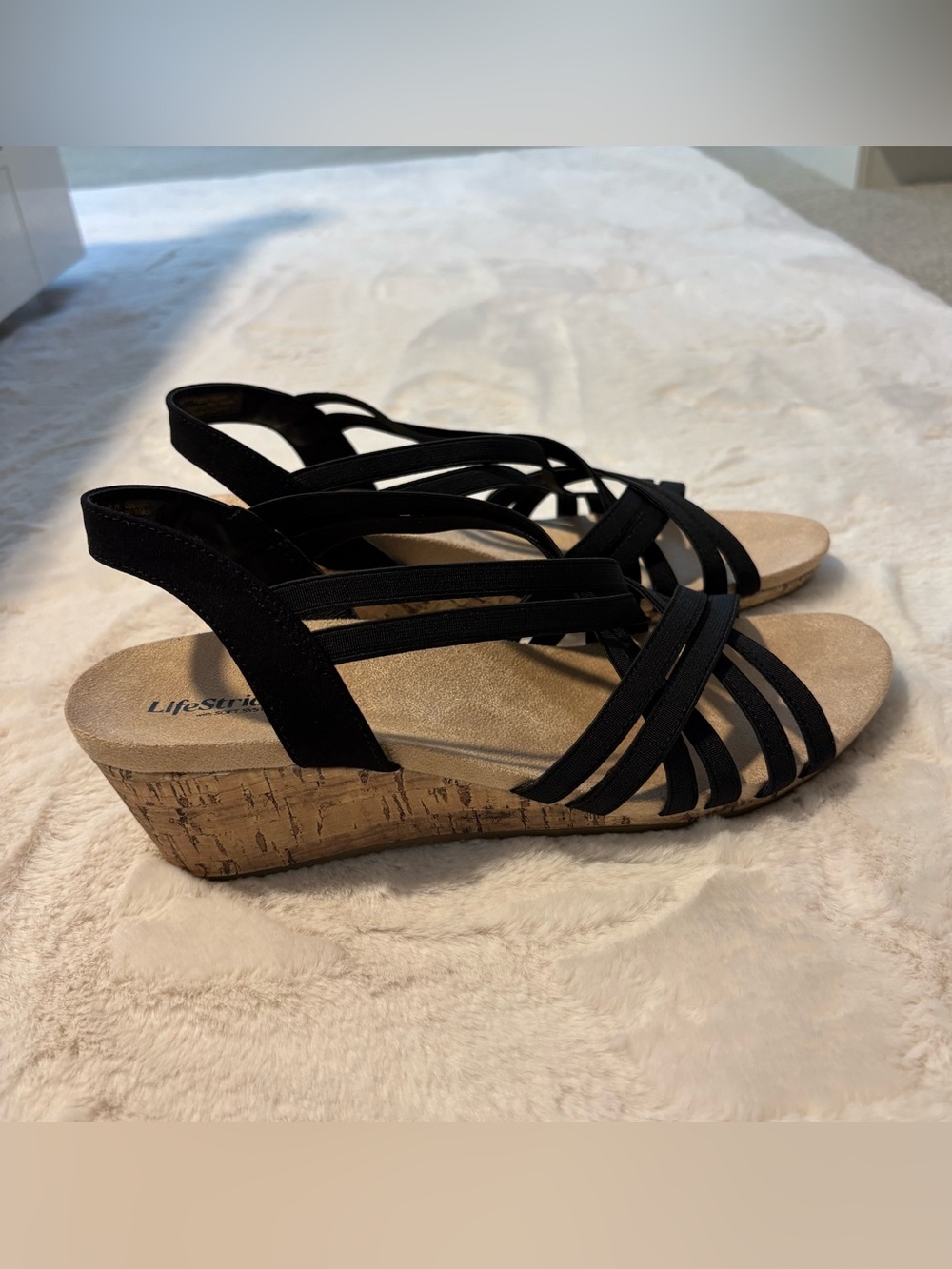 Life Stride Black Strappy Cork-Style Wedge Sandals